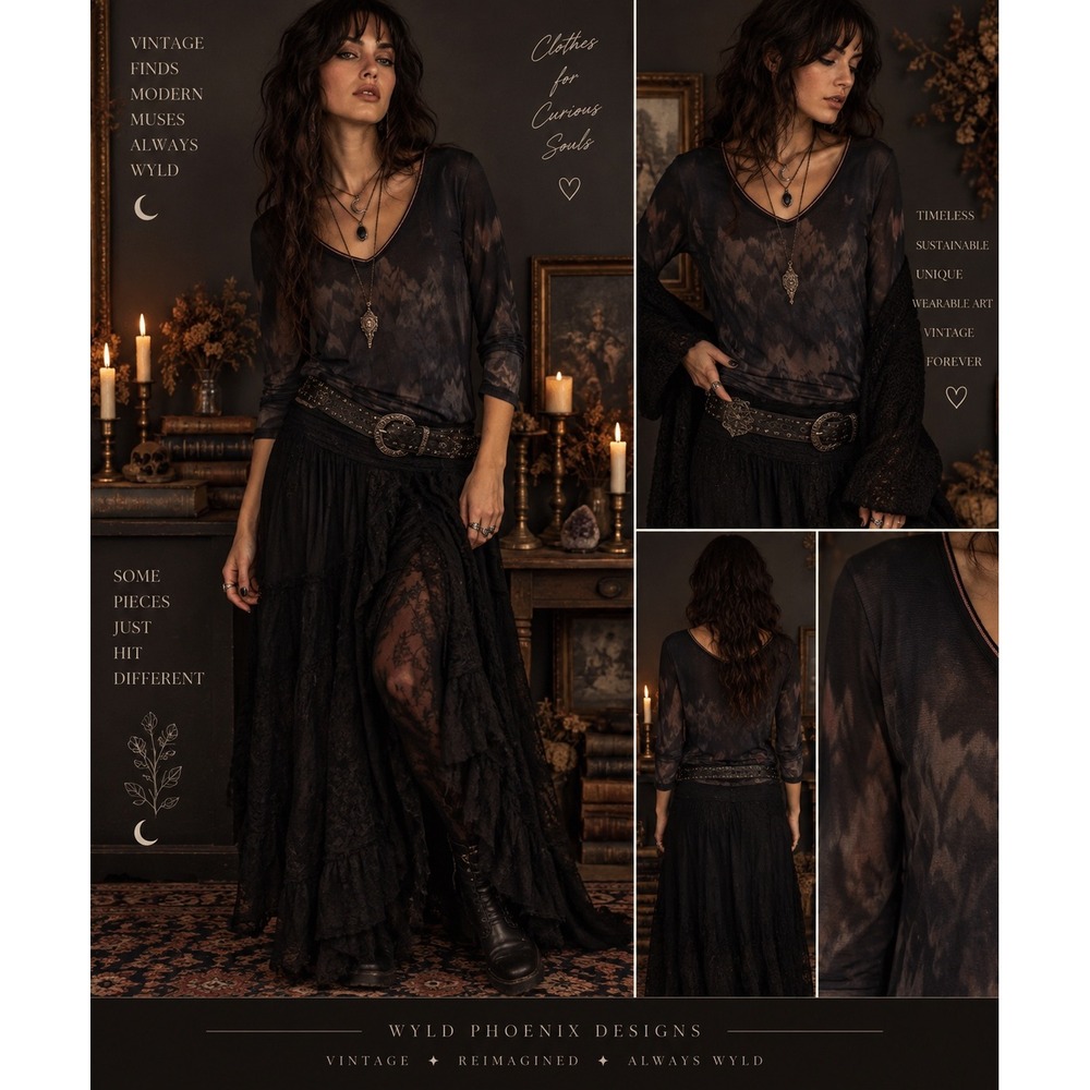 🎃 Whimsygoth Womens Large Black Tie Dye Mesh Layered V-Neck 3/4 Sleeve Top